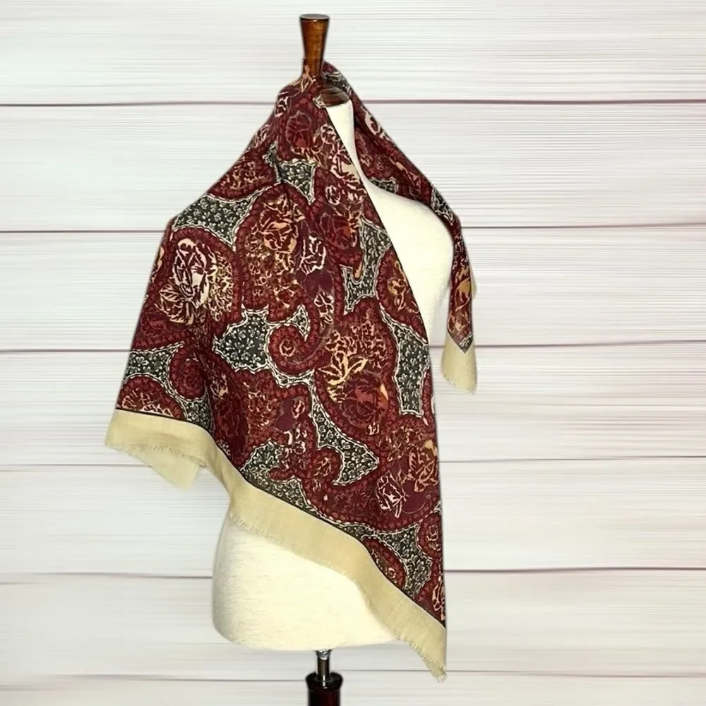 Wool Square Scarf Lightweight Tan Brown Plum Paisley Print Made in Italy 33x33”